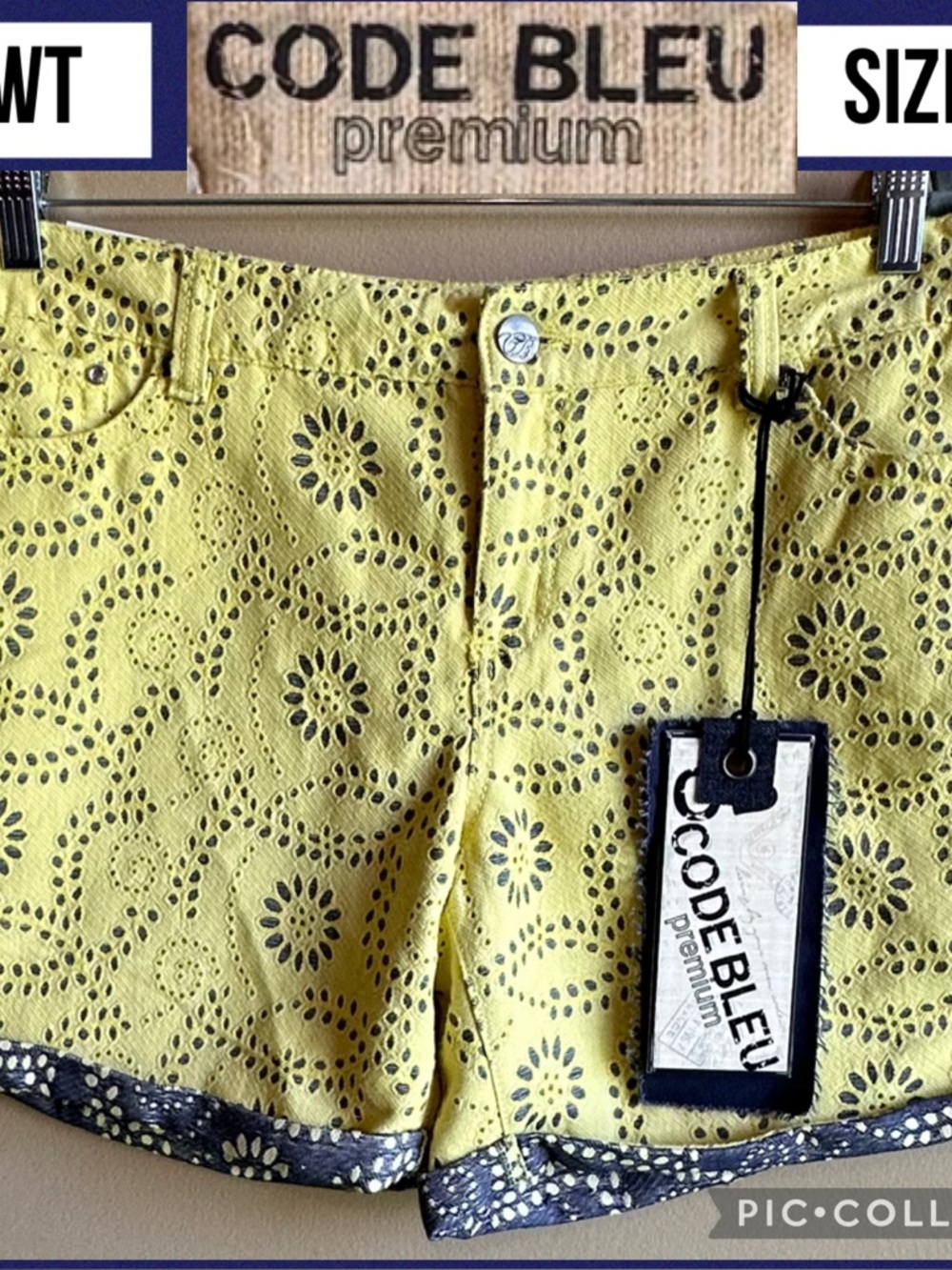 NWT Code Bleu Womens Shorts Yellow Eyelet Chloe Weekend Lemon 6" Inseam Size 12